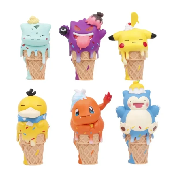 6pcs Ice Cream Cone Pokémon Figures Pikachu Bulbasaur Psyduck Cute Anime Toy Models Collectible Ornaments
